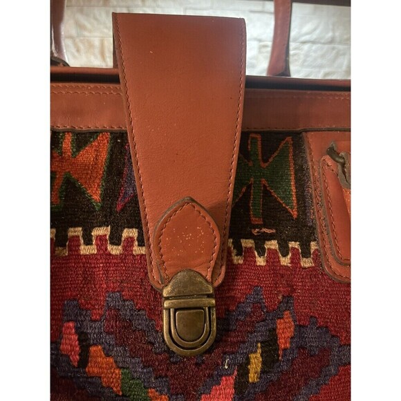Vintage YUN ART Travel Bag Kilim Wool Leather Turkish Pattern Rush/Tan One Size - Picture 8 of 15